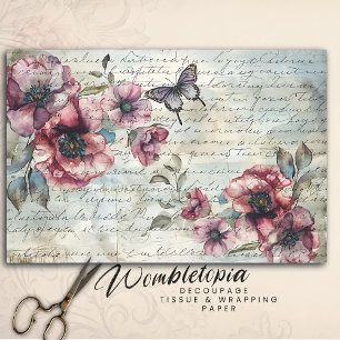 Shabby Chic Pink Poppies & Butterfly Decoupage Tissue Paper