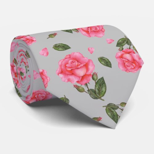 Shabby Chic Pink Rose Botanical Illustration Neck Tie