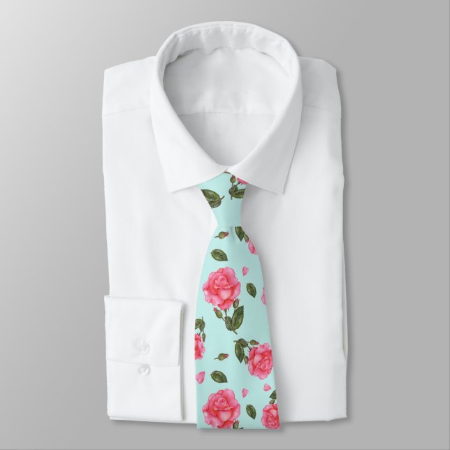 Shabby Chic Pink Rose Botanical Illustration Neck Tie (Tied)