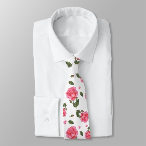 Shabby Chic Pink Rose Botanical Illustration Neck Tie