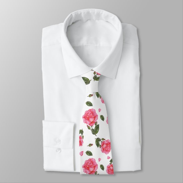 Shabby Chic Pink Rose Botanical Illustration Neck Tie (Tied)