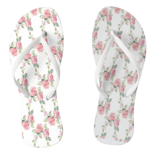 Shabby Chic Pink Rose Floral Flip Flops (Footbed)