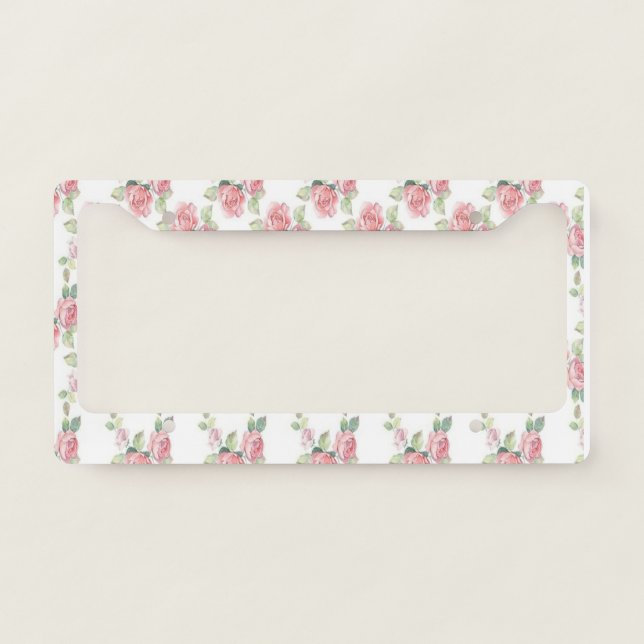 Shabby Chic Pink Rose Floral License Plate Frame (Front)