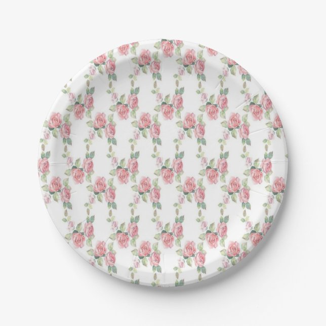 Shabby Chic Pink Rose Floral Paper Plates (Front)