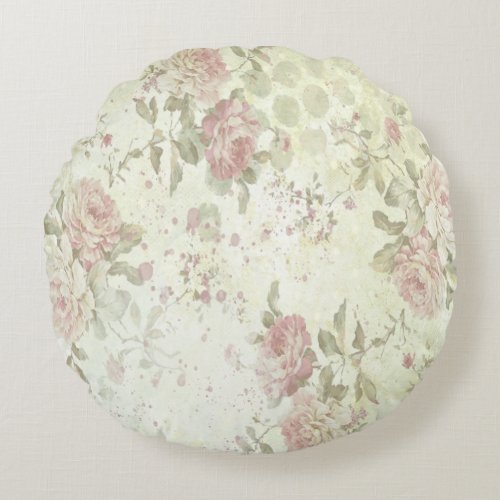 Shabby Chic Pink Rose Floral Round Pillow
