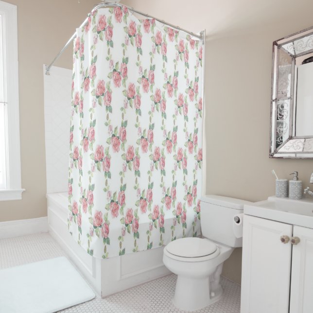 Shabby Chic Pink Rose Floral Shower Curtain (In Situ)