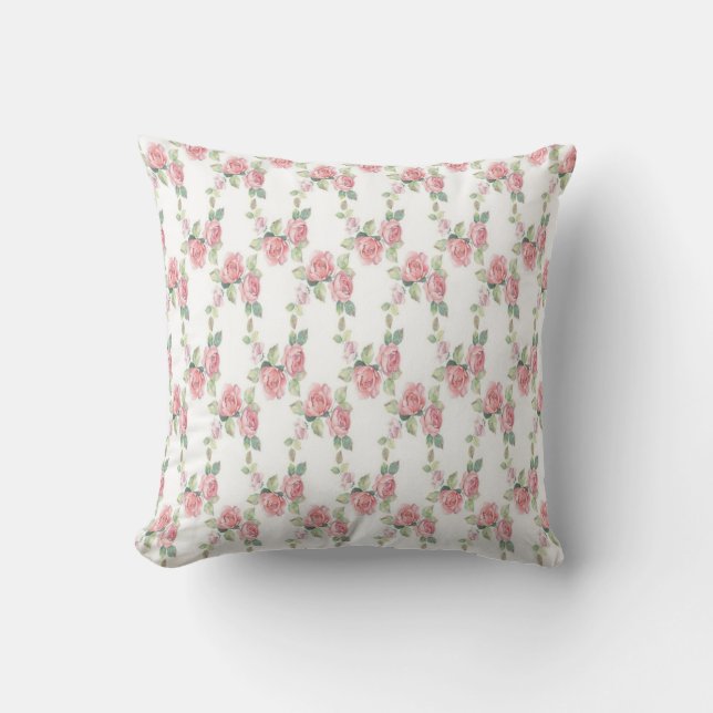 Shabby Chic Pink Rose Floral Throw Pillow (Front)