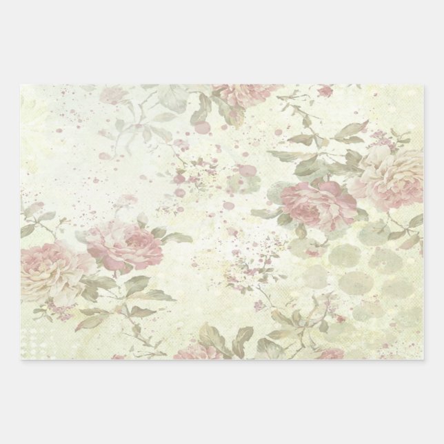 Shabby Chic Pink Rose Floral Wrapping Paper Sheets (Front)