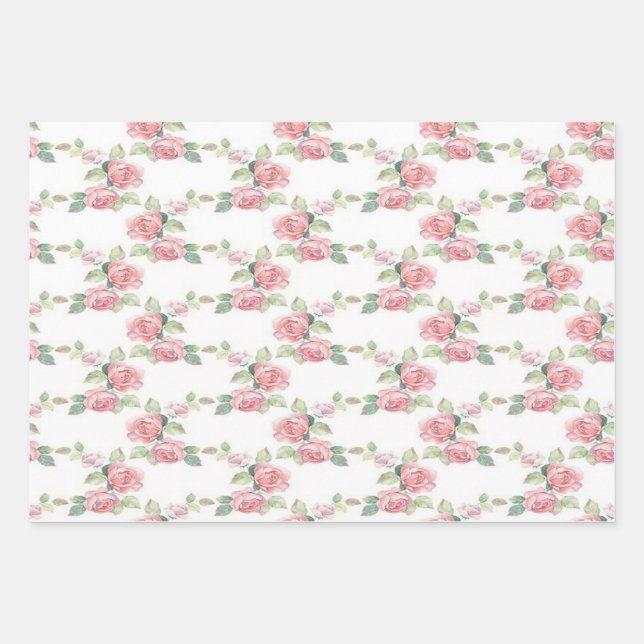 Shabby Chic Pink Rose Floral Wrapping Paper Sheets (Front)