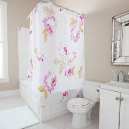 Shabby Chic Pink Rose Linen-Look Shower Curtain