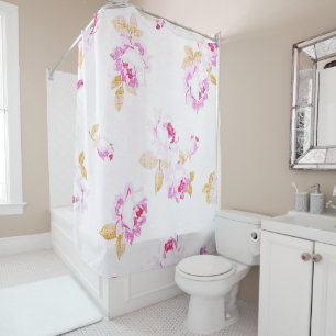 Shabby Chic Pink Rose Linen-Look Shower Curtain