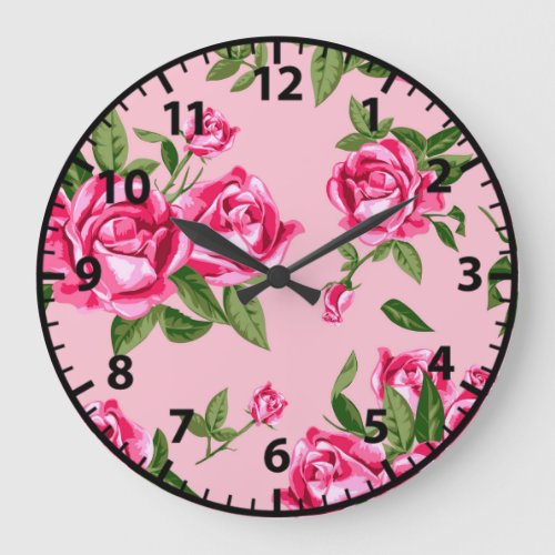 Shabby Chic Pink Rose Pattern Roses Large Clock