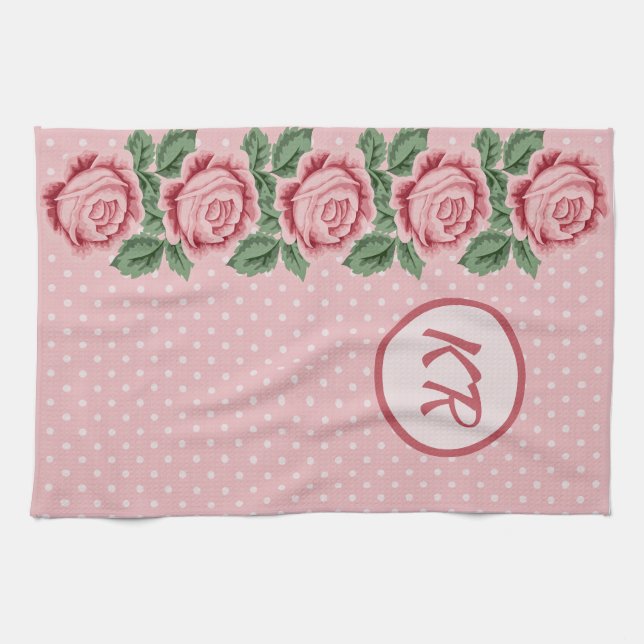 Shabby Chic Pink Rose Polka Dot Monogrammed Kitchen Towel (Horizontal)