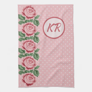 Shabby Chic Pink Rose Polka Dot Monogrammed Kitchen Towel