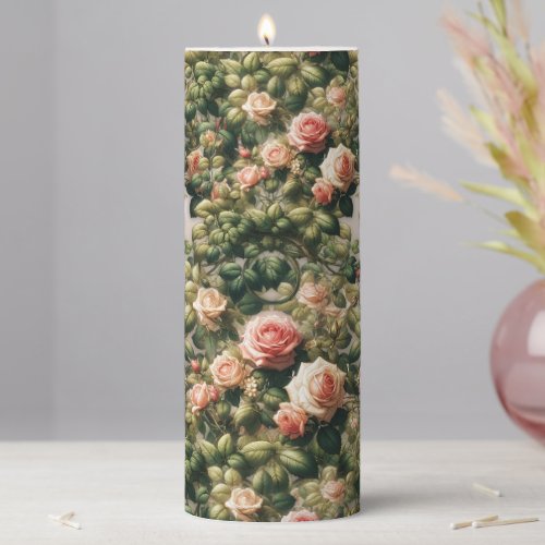 Shabby Chic Pink Rose Vines Floral Elegant Pillar Candle