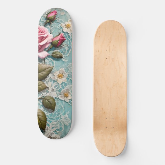Shabby Chic Pink Roses and Lace Skateboard (Front)