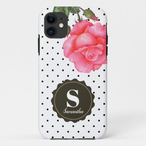 Shabby Chic Pink Roses Black White Polka Dots iPhone 11 Case