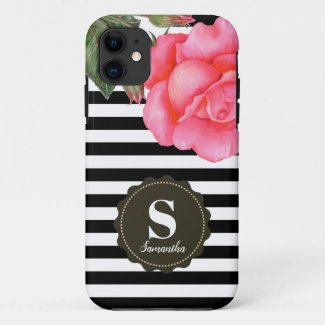 Shabby Chic Pink Roses Black White Stripes Pattern Case-Mate iPhone Case