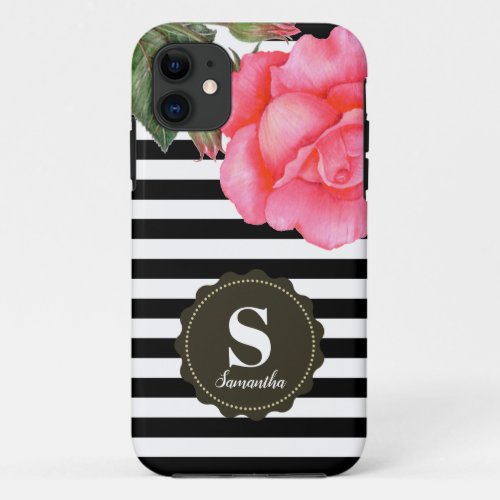 Shabby Chic Pink Roses Black White Stripes Pattern iPhone 11 Case