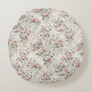 Shabby Chic Pink Roses Cottagecore Round Pillow