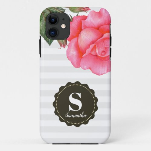 Shabby Chic Pink Roses Gray White Stripes Pattern iPhone 11 Case