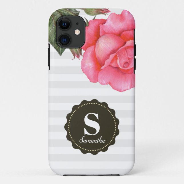 Shabby Chic Pink Roses Gray White Stripes Pattern Case-Mate iPhone Case (Back)