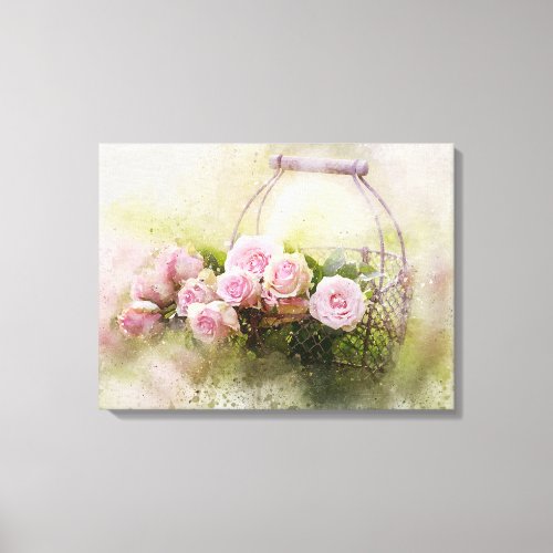 Shabby Chic Pink Roses In Basket Watercolour Canvas Print