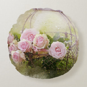 Shabby Chic Pink Roses In Basket Watercolour Round Pillow