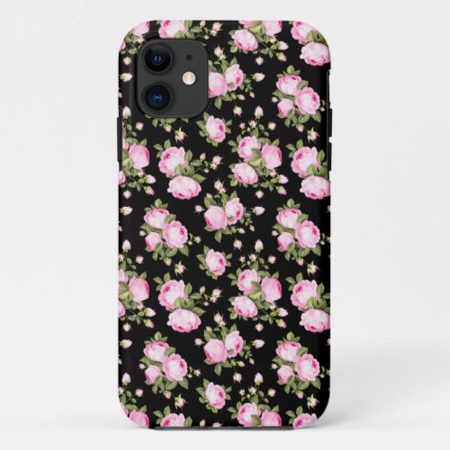 Shabby Chic Pink Roses on Black iPhone 11 Case