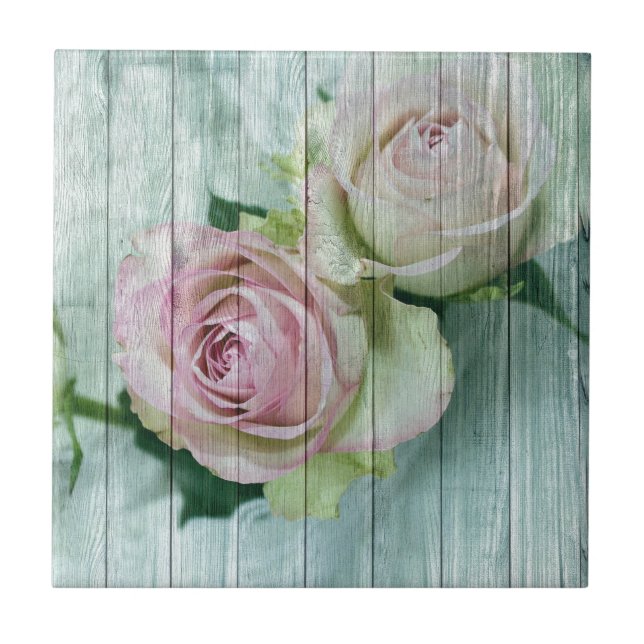 Shabby Chic Pink Roses On Blue Wood Ceramic Tile (Front)