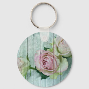 Shabby Chic Pink Roses On Blue Wood Keychain
