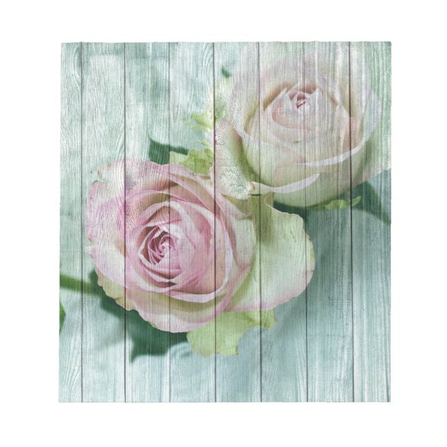 Shabby Chic Pink Roses On Blue Wood Notepad (Front)
