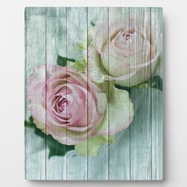 Shabby Chic Pink Roses On Blue Wood Plaque (Front)