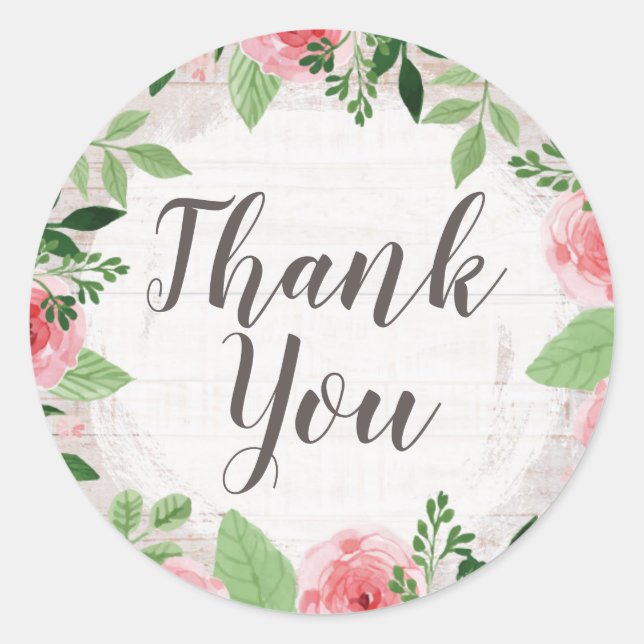 Shabby Chic Pink Roses on Rustic Country Thank You Classic Round Sticker (Front)