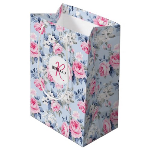 Shabby Chic Pink Roses Pattern Monogram Medium Gift Bag