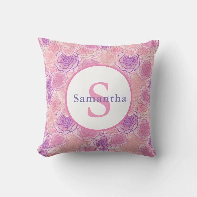 Shabby Chic Pink Roses Personalized Monogram Throw Pillow (Front)