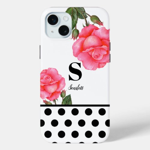 Shabby Chic Pink Roses Polka Dots iPhone 15 Plus Case