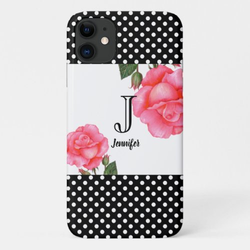 Shabby Chic Pink Roses Polka Dots iPhone 11 Case
