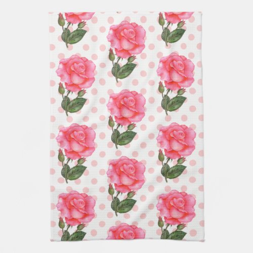 Shabby Chic Pink Roses Polka Dots Kitchen Towel