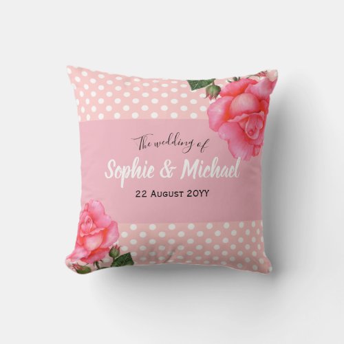 Shabby Chic Pink Roses Polka Dots Throw Pillow