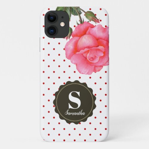 Shabby Chic Pink Roses Red White Polka Dots iPhone 11 Case