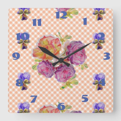 Shabby Chic Pink Roses Rose Floral Check Clock