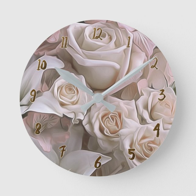 Shabby Chic Pink Roses Rustic Glam Personalized Round Clock (Front)
