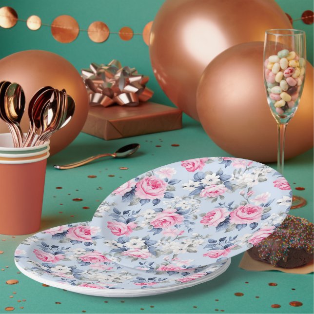 Shabby Chic Pink Roses Seamless Pattern Paper Plates (Multi)