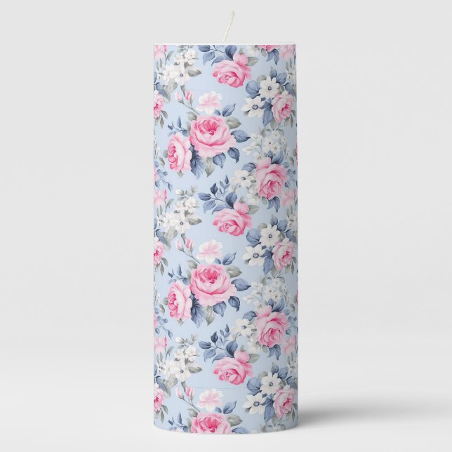 Shabby Chic Pink Roses Seamless Pattern Pillar Candle (Front)