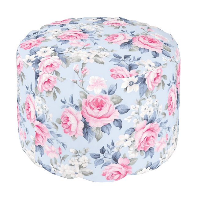 Shabby Chic Pink Roses Seamless Pattern Pouf (Angled Back)