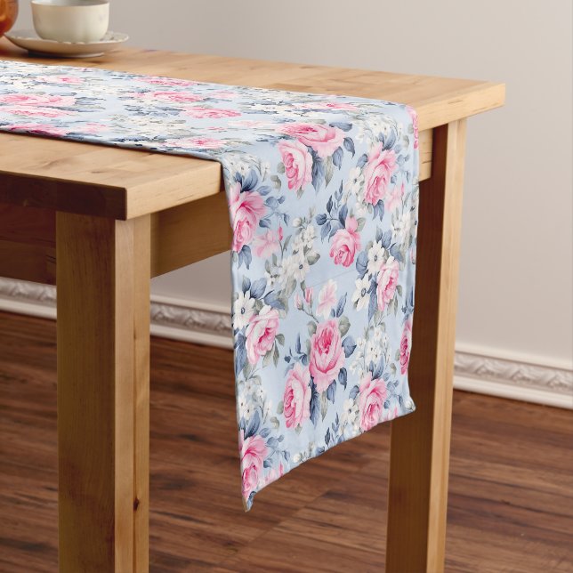 Shabby Chic Pink Roses Seamless Pattern Short Table Runner (In Situ)