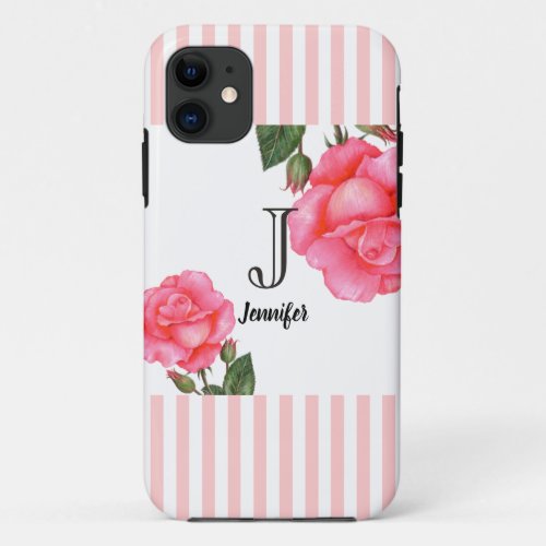 Shabby Chic Pink Roses Stripes Pattern iPhone 11 Case