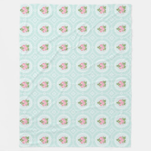 Shabby Chic Pink Roses Teal Large Fleece Blanket