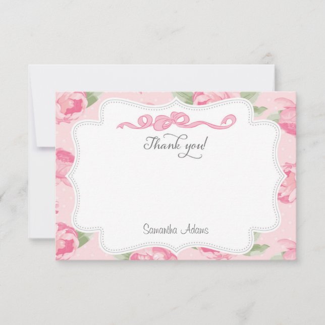 Shabby Chic Pink Roses Thank You Card (Front)